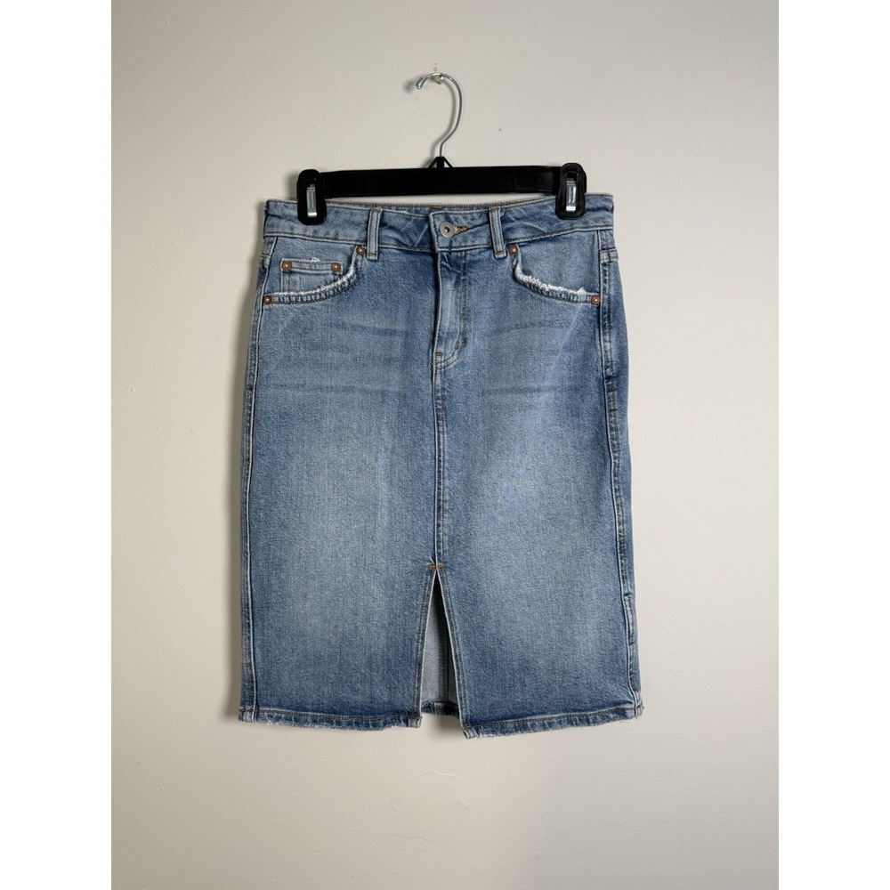 Anthropologie Pilcro and Letterpress Blue Denim Knee Skirt Academic Cottage Sz 2